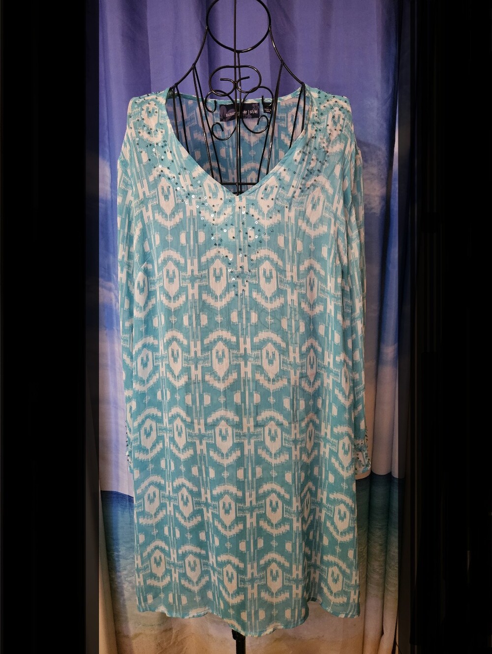 Susan Graver   Abstract Ikat Aqua Long-Sleeve Women's Dress or Beach Coverup - Picture 9 of 9